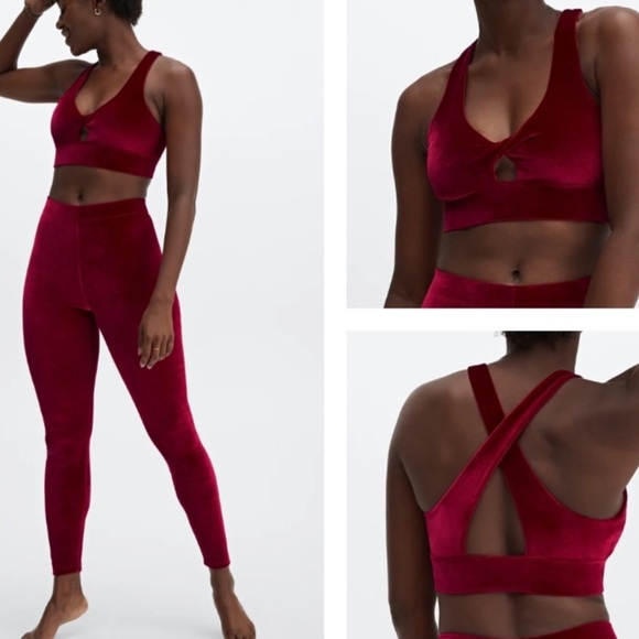 A387 FABLETICS 3 PC SET Velour Sports Bra Leggings Jacket Cherry Maroon Sz XL - Picture 2 of 9